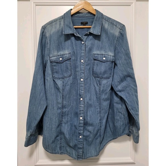 Talbots Tops - Talbots Blue Chambray Denim Roll Tab Sleeve Button Up Shirt Sz 20w
